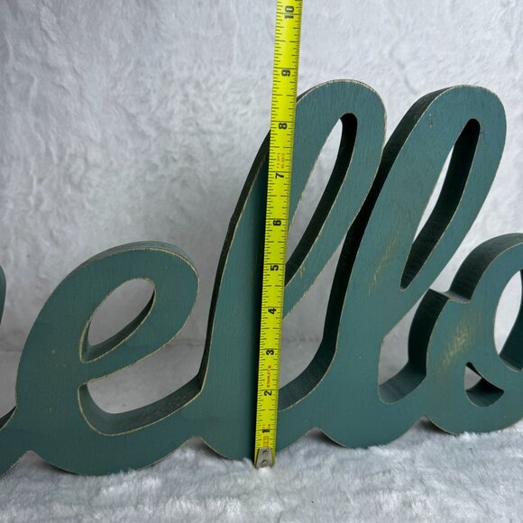 Wooden "Hello" Sign Teal Distressed Finish Wall Decor Chunky Country Rustic - Picture 6 of 7